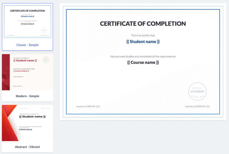 Certificate template options